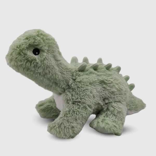 Green plush dinosaur toy on a white background