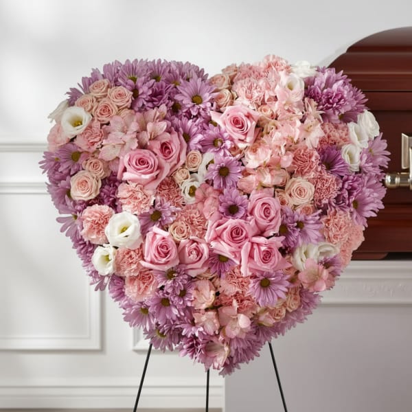 Heart-shaped floral tribute with pink and purple flowers on an easel