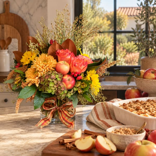 Autumn bouquet in a glass vase with apples and a plaid ribbon
