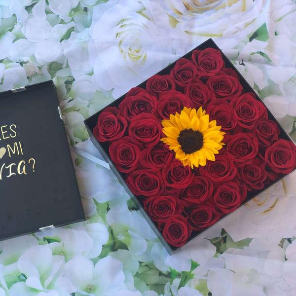 Box of red roses with a sunflower and a lid reading "¿Quieres ser mi novia?"