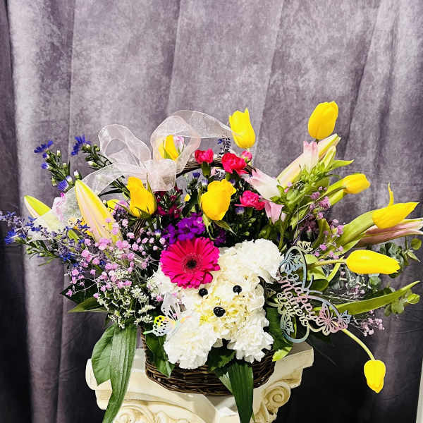 Puppy in spring basket