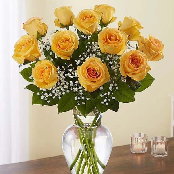 Yellow roses arranged in a clear glass vase with baby's breath