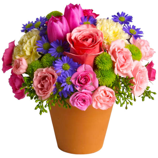 Mixed bouquet of pink, purple, and yellow flowers in an orange pot
