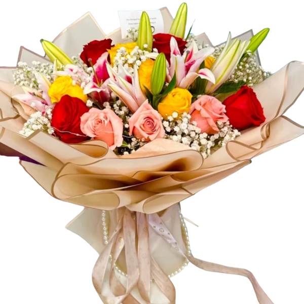 Bouquet of red and pink roses with lilies and baby's breath in beige wrap