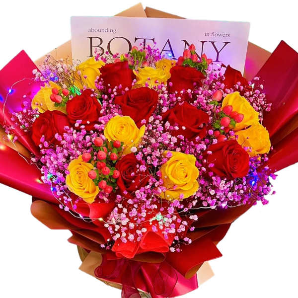 Bouquet of red and yellow roses with pink filler flowers