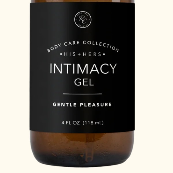 Amber pump bottle labeled intimacy gel