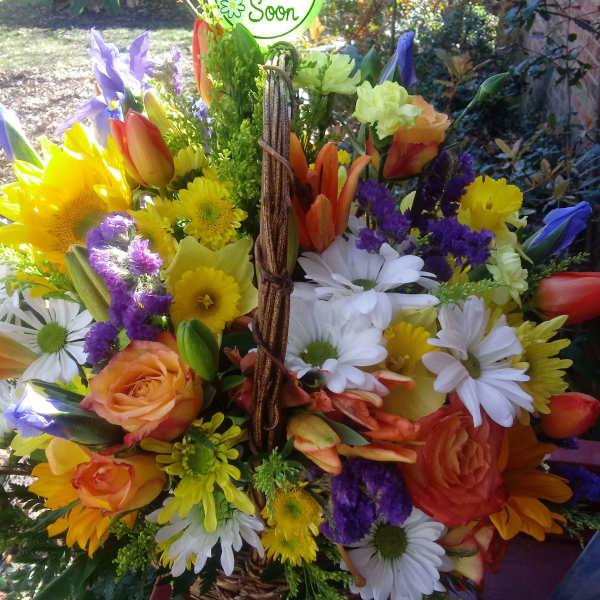 Colorful mixed flower basket with a "Get Well Soon" sign