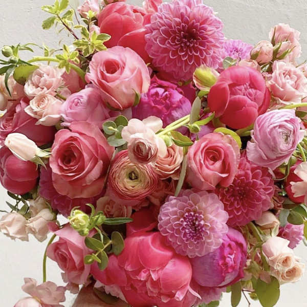 Pink bouquet with roses, peonies, and dahlias