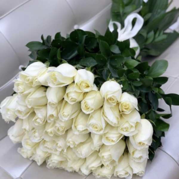 Large bouquet of white roses with dark green foliage and a white ribbon
