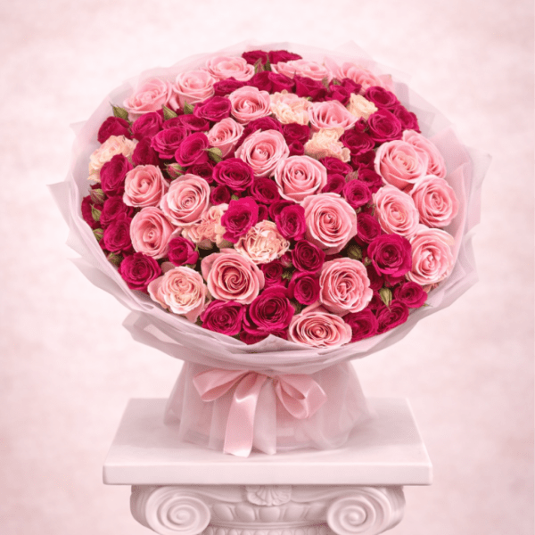 Bouquet of pink and magenta roses wrapped in pale pink paper