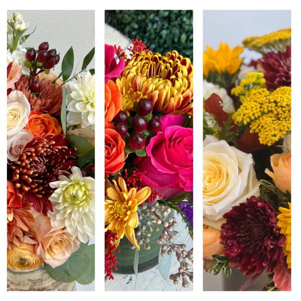 Three colorful mixed flower arrangements with roses and chrysanthemums in vases