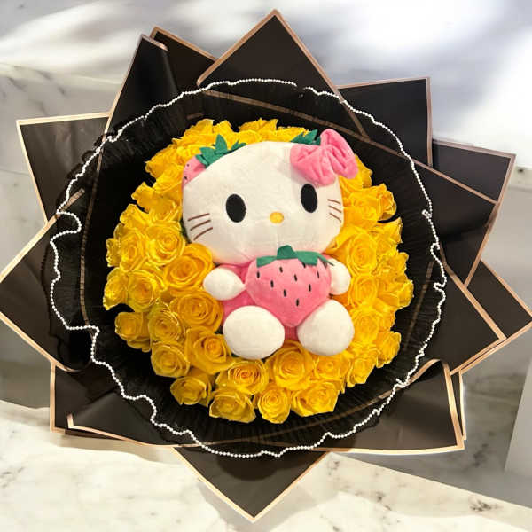 Yellow rose bouquet with a Hello Kitty plush in the center