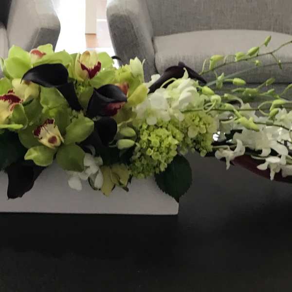 Low floral centerpiece with white and green orchids in a rectangular container