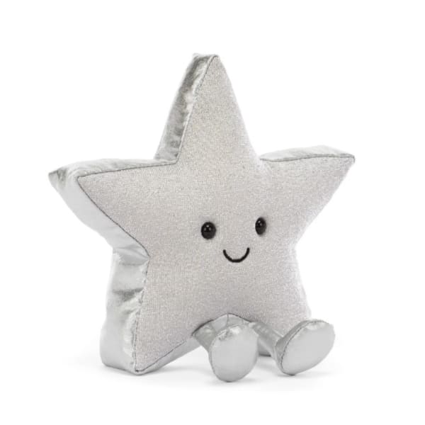 Silver star-shaped plush toy with a smiling face