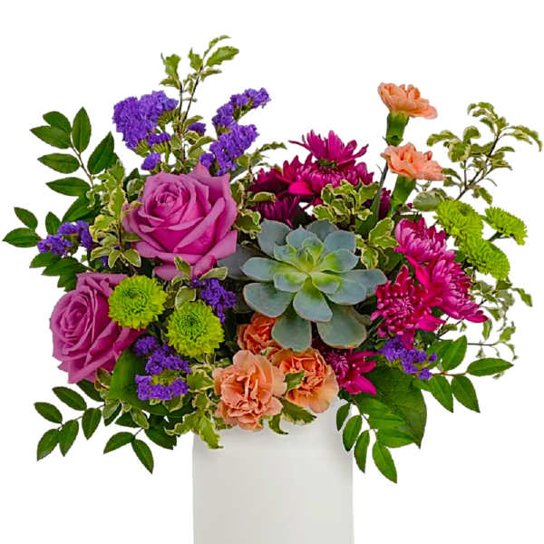 Mixed bouquet with roses, chrysanthemums, and succulents in a white vase