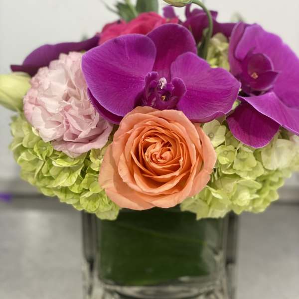 Low cube vase arrangement with purple orchids, peach rose, pink blooms, and green hydrangeas