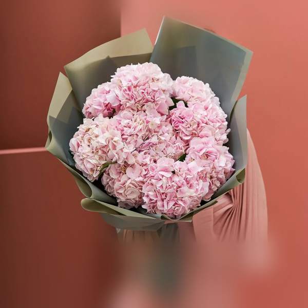 Bouquet of pale pink hydrangeas wrapped in muted paper