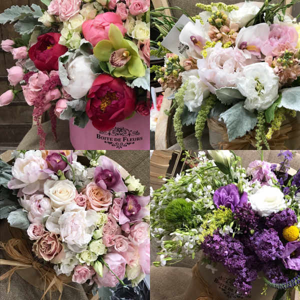 Collage of pastel and bright floral arrangements in boxes and baskets