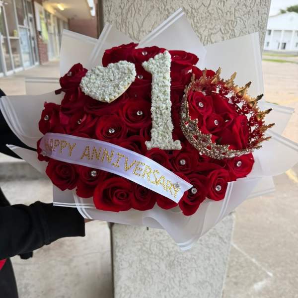 Red rose bouquet with a white "1" and heart decoration