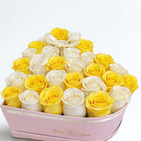 Heart Box White Roses & Yellow