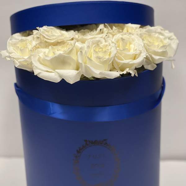 White roses arranged in a blue round box with a satin ribbon