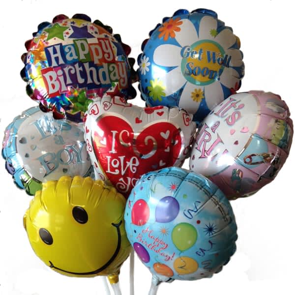 Cluster of colorful birthday and get-well balloons with a smiley face balloon
