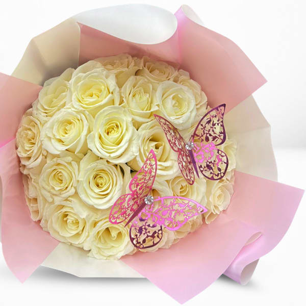20 White Roses Sweet Pink