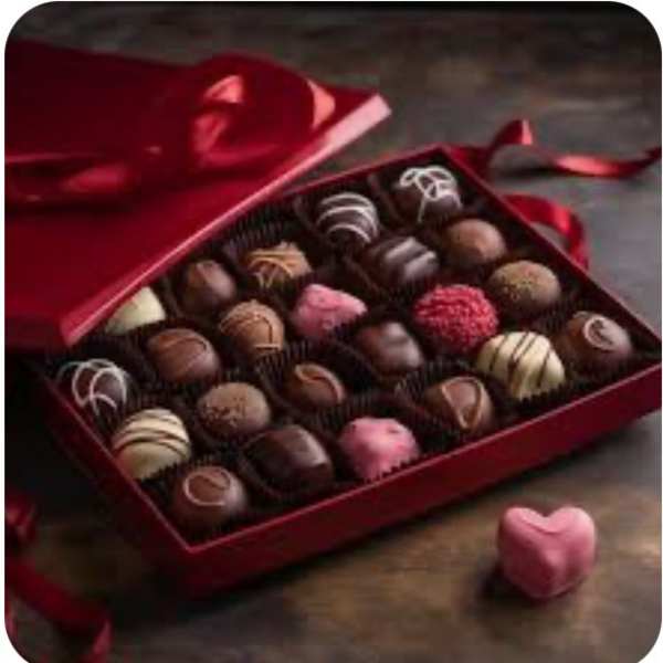 Box of assorted chocolates with a red ribbon and one pink heart-shaped chocolate