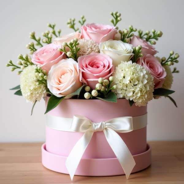Pink and white roses arranged in a pink hat box with a ribbon