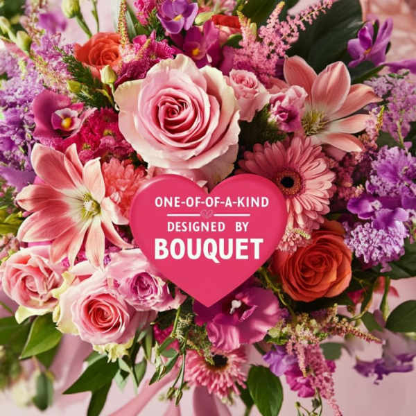 Bright mixed bouquet of pink roses, lilies, gerbera daisies, and purple blooms with a pink heart graphic.