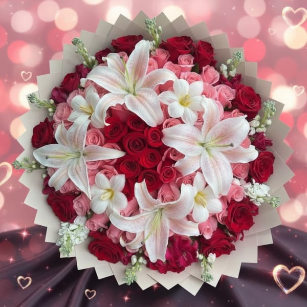 Bouquet of red and pink roses with white lilies