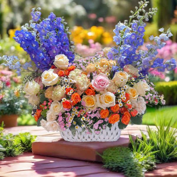 Basket of mixed roses with blue delphinium and small daisies