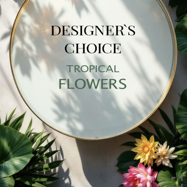 Round sign reading "Designer's Choice Tropical Flowers" with tropical flowers around it
