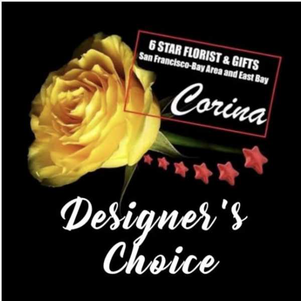 Yellow rose with a florist logo and Designer's Choice text