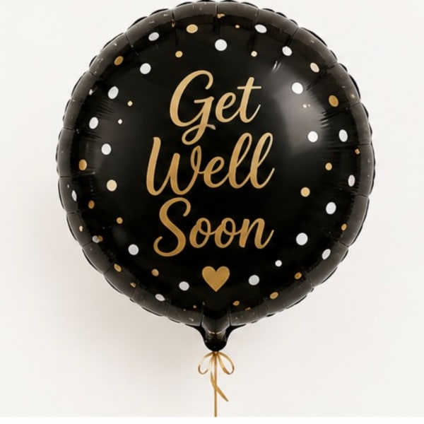 Black round balloon with gold "Get Well Soon" text and polka dots