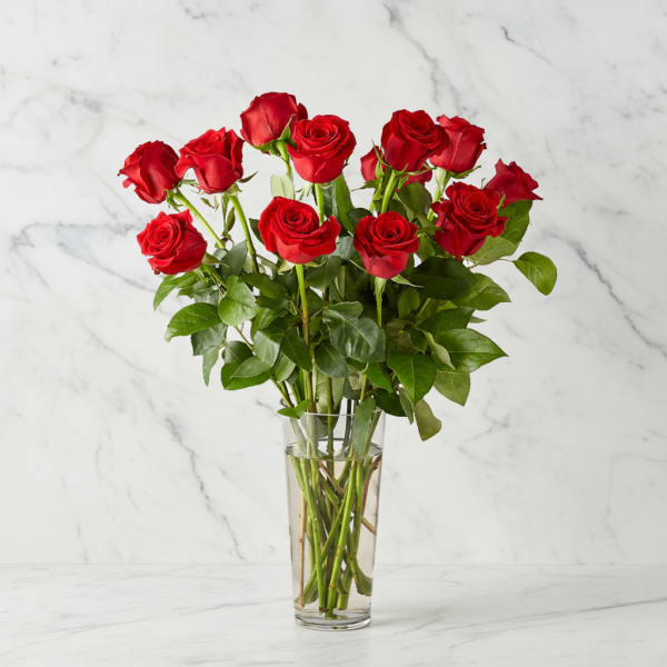 Red roses arranged in a clear glass vase