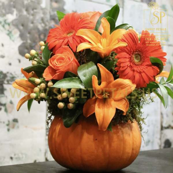 Orange floral arrangement in a pumpkin container