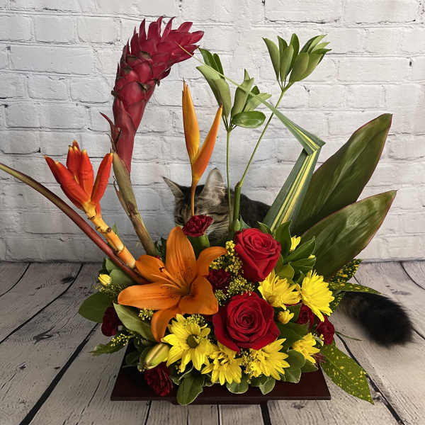 Tropical flower arrangement with red roses, orange lily, and yellow daisies in a low wooden base