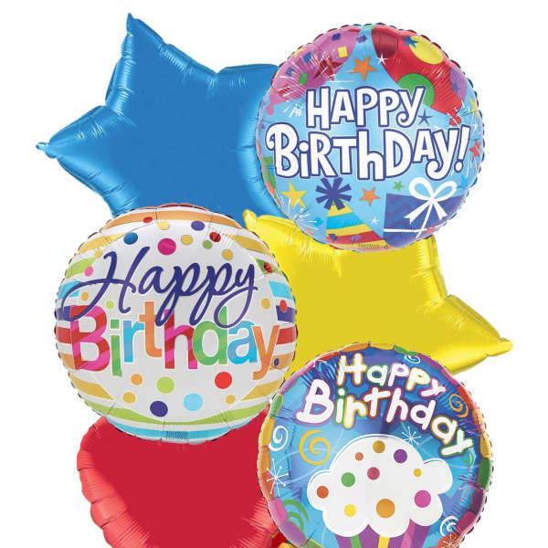 Cluster of colorful birthday balloons with ribbon streamers