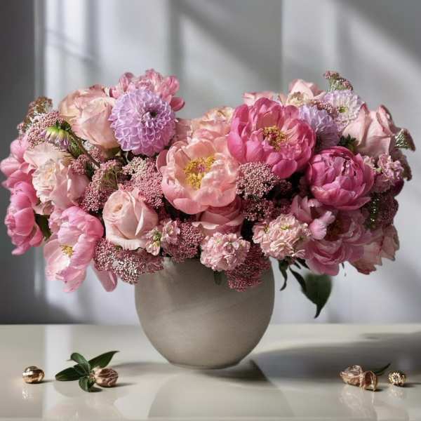Pink and lavender flowers arranged in a round vase centerpiece