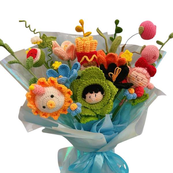 Crocheted bouquet with colorful character flowers wrapped in blue ribbon
