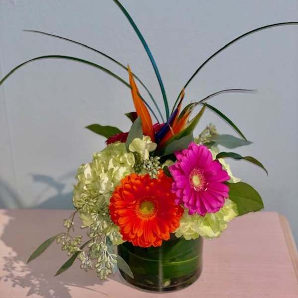 Bright gerbera daisies and hydrangeas in a green vase with tall tropical leaves