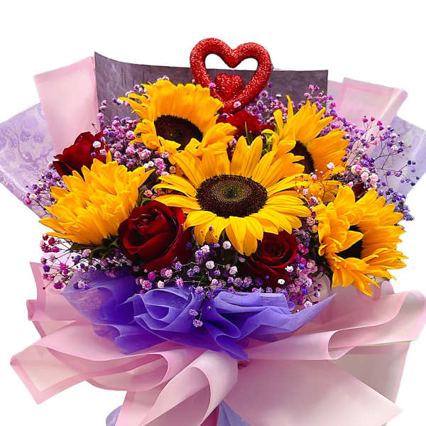 Bouquet of sunflowers and red roses with pink and purple wrapping