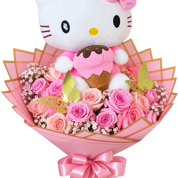 Hello Kitty plush in a pink rose bouquet with a satin bow