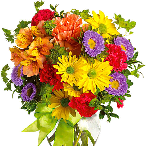 Colorful mixed bouquet in a clear glass vase with a green ribbon