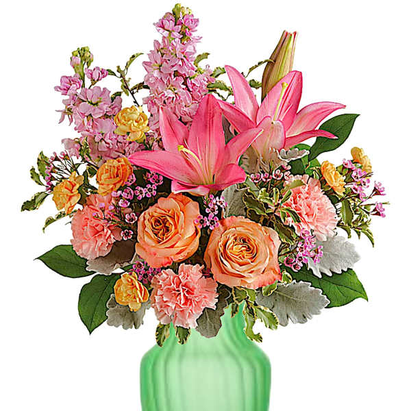 Pink lilies and peach roses in a green vase