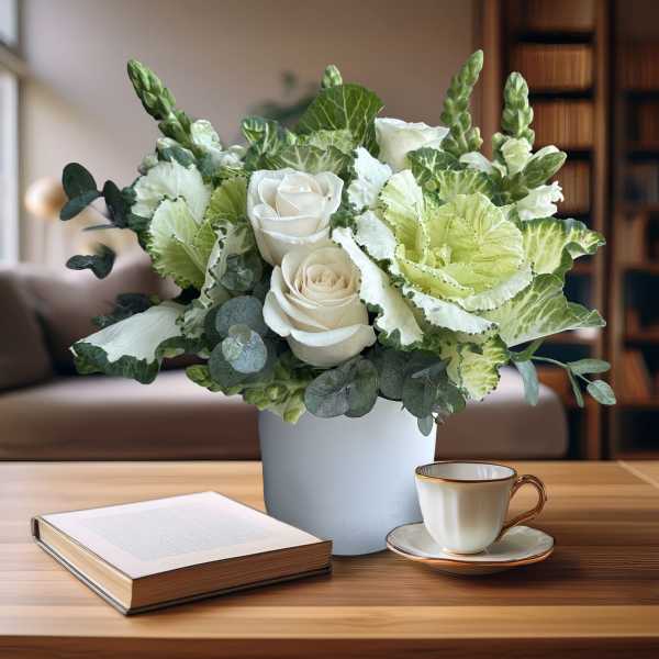 White roses and green ornamental cabbage in a white vase