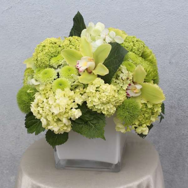 Green and white floral arrangement in a square glass vase