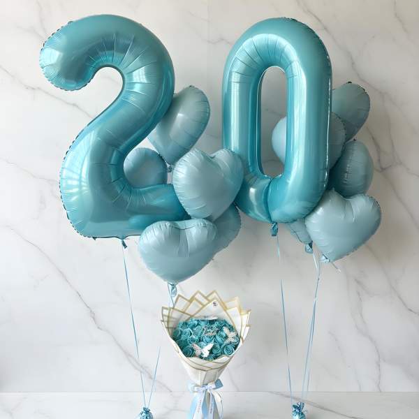25 Teal Rose Bouquet with Custom Age Balloons Combo (2 DAYS IN ADVANCE MINIMUM)