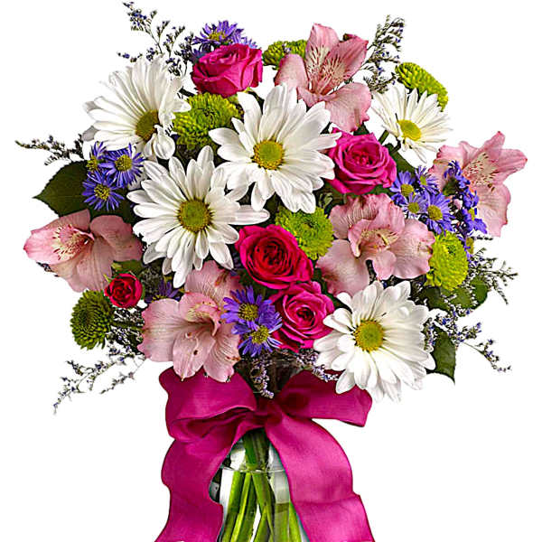 Bouquet of daisies, roses, and pink alstroemeria in a glass vase with a magenta ribbon